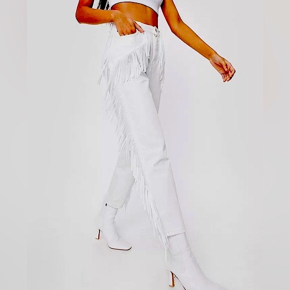 Nasty Gal Pants - Nasty Gal Fringe High Waisted Mom Jeans White